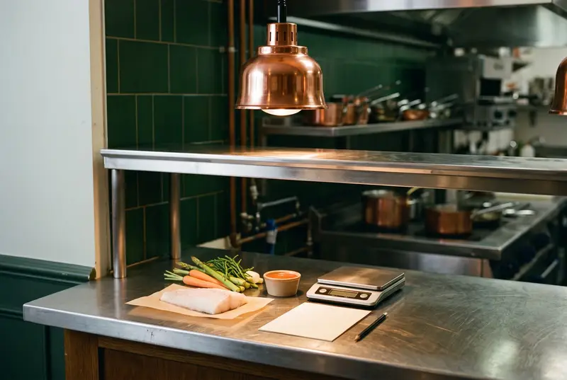 Escandallo de un plato sobre la mesa de cocina